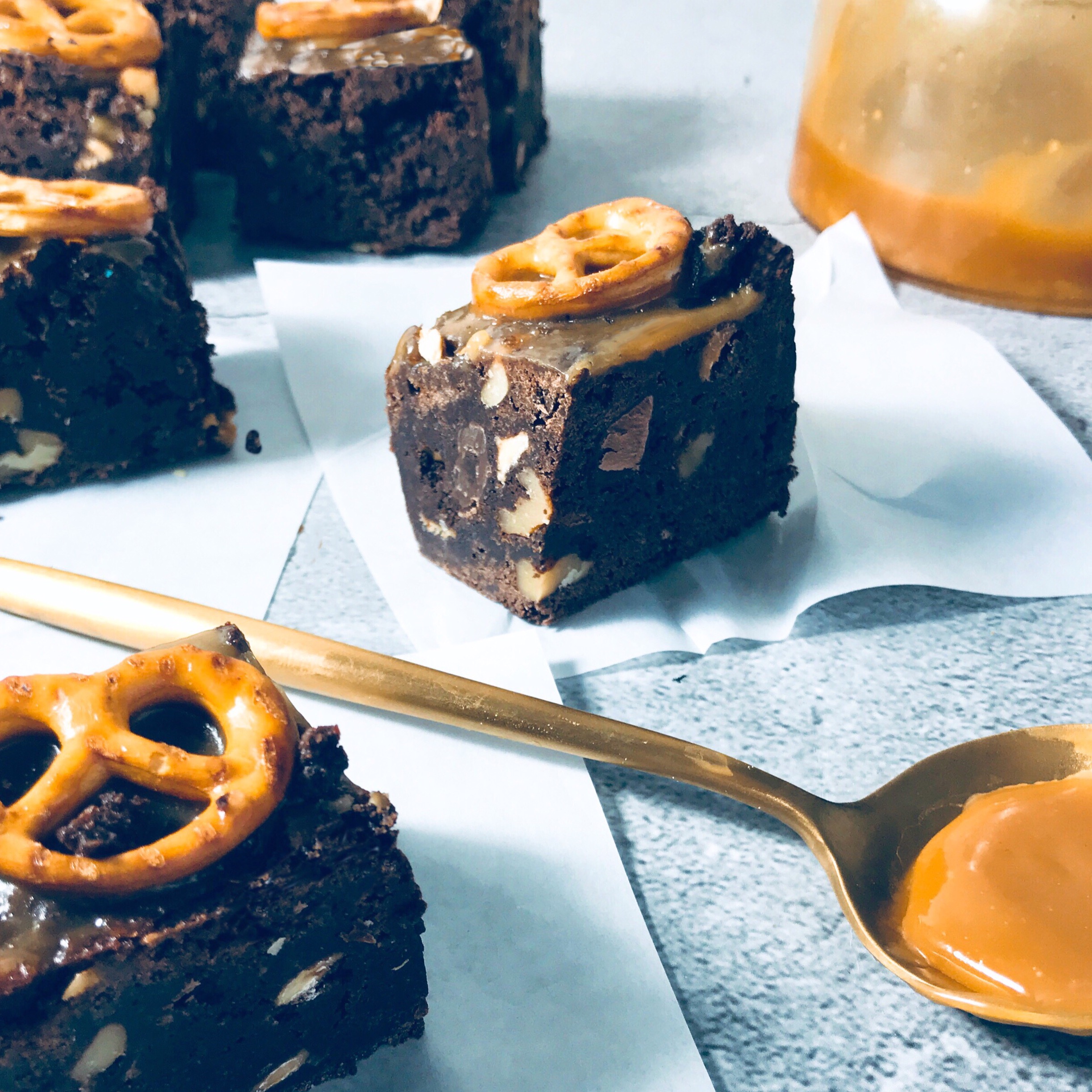 Triple chocolate, walnut and salted Carmel, pretzel brownies. Once